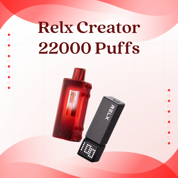 Relx Creator 22000 Puffs device with pixel LED screen showing battery life